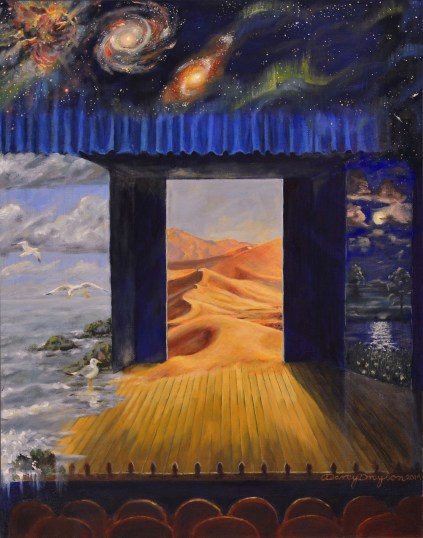 Cover art description: A theater with the front two rows of seats visible. There are three stage doors, with a strip of thick blue curtain above them, forming a top frame for the stage. The one on the left opens not to backstage, but to a seascape, with a few seaweed-covered rocks, and a couple flying seagulls. There are some clouds in the sky. The waves are sloshing through the doorway onto the stage, and the water is running down the left side of the stage into the audience. There is one seagull standing on the stage, looking across it. The middle door opens to a hot desert, with distant mountains beyond the dunes. Some of the sand has blown through the doorway onto the stage, extending one of the dunes through the doorway. The third door, on the left, opens to a field at night, with a few flowers in the grass. Not far from the door, the grass meets a body of water, with moonlight reflecting off of it. Beyond the water, is more grass, and a few trees. The night sky in the lefthand door has a moon and clouds, with stars above them. The stars climb up the side of the picture, fading over the strip of curtain, and into a space-scape over the whole picture. Sheets of green aurora light mingle with the stars on the right, and toward the left there are two spiral galaxies, and a glowing nebula. 